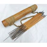 TRIBAL WOODEN QUIVER WITH CLOTH STRING AND 33 BARBED AND POINTED ARROWS