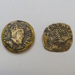 JAMES I OF ENGLAND BRASS HALFCROWN, COIN WEIGHT AND JAMES I SILVER THISTLE/TUDOR ROSE PENNY