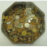 UK HALF CROWNS, PENNIES, FARTHING'S, ETC. AND SOME FOREIGN IN QUALITY STREET TIN