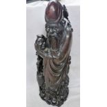 19TH CENTURY CHINESE SILVER WIRE INLAID CARVED HARDWOOD FIGURE OF PRIEST - 57CM TALL