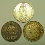 3 VICTORIA CROWNS, 1887 AND 1890 JUBILEE HEADS AND 1897 OLD HEAD