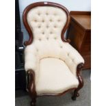 VICTORIAN MAHOGANY ARMCHAIR WITH BUTTON BACK & CABRIOLE SUPPORTS