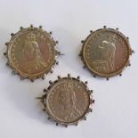 2 X 1887 DOUBLE FLORIN'S AND 1887 HALF CROWN, ALL IN SILVER BROOCH MOUNTS -3-
