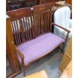 LATE 19TH CENTURY ART NOUVEAU PARLOUR SETTEE WITH INLAID DECORATION ON SQUARE TAPERED SUPPORTS