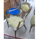 LATE 19TH CENTURY MAHOGANY OPEN ARMCHAIR WITH DECORATIVE INLAY ON SQUARE TAPERED SUPPORTS