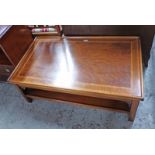 LATE 20TH CENTURY INLAID MAHOGANY COFFEE TABLE ON SQUARE SUPPORTS, 107CM WIDE