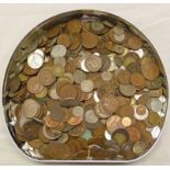 HALF CROWNS, PENNIES, ETC. AND VARIOUS FOREIGN COINS IN BISCUIT TIN