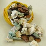 COIN BAG WITH CONTENTS OF A SELECTION OF PENNIES AND HALF PENNIES