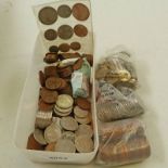 BOX OF VARIOUS COINS INCLUDING HALF PENNIES, TWO SHILLINGS, 50 PENCE, ETC.