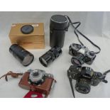 OLYMPUS CM10 CAMERA, CANON A1 WITH FD 28MM LENS, ZEISS IKON CAMERA WIH COTAFLEX LENS IN BROWN