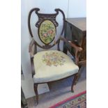 EARLY 20TH CENTURY MAHOGANY OPEN ARMCHAIR WITH DECORATIVE PADDED BACK AND SHAPED SUPPORTS