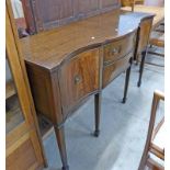 20TH CENTURY MAHOGANY SIDEBOARD WITH SHAPED FRONT, 2 DRAWERS AND 2 PANEL DOORS ON SQUARE SUPPORTS