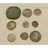 3 SILVER HAMMERED COINS, SMALL ROMAN COPPER COIN, 1 ROMAN SESTURTIUS - JULIA MAMAEU AND OTHER COINS