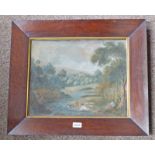19TH CENTURY ROSEWOOD FRAMED WATERCOLOUR OF WASHERWOMEN BY A RIVER 34 X 43CM