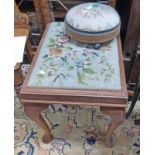 DRESSING TABLE STOOL AND INLAID WALNUT FOOTSTOOL WITH TAPESTRY TOP