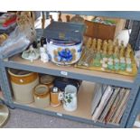HARD STONE DRAUGHTS AND CHESS SET, PLANTERS, L.P RECORDS, POTTERY STORAGE JARS CASED CUTLERY, ETC.