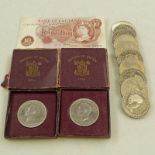 2 1951 BOXED CROWNS BANK OF ENGLAND 10 SHILLING NOTE AND FIVE POUND COINS, ETC.
