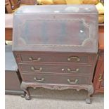 20TH CENTURY MAHOGANY BUREAU WITH FALL FRONT OVER 3 DRAWERS ON BALL AND CLAW SUPPORTS