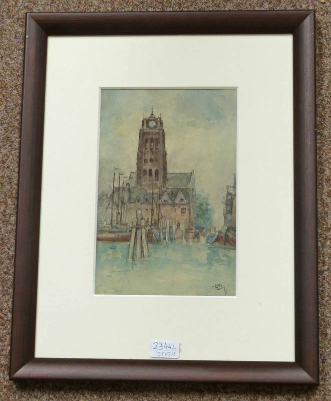 J. LITTLE CHURCH WITH FISHING BOATS SIGNED FRAMED WATERCOLOUR  27.5 X 18CM