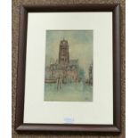 J. LITTLE CHURCH WITH FISHING BOATS SIGNED FRAMED WATERCOLOUR  27.5 X 18CM