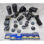 OLYMPUS OM 10 CAMERA, WITH 50MM LENS, 4 OTHER LENS OM 35-70 ZOOM, OM 20MM, HANIMEX 200MM,