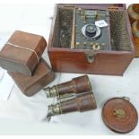 CRYSTAL RADIO IN WOODEN CASE, 66 FOOT LEATHER CASED TYPE MEASURE AND BINOCULARS IN LEATHER CASE -3-