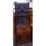 LATE 19TH CENTURY INLAID MAHOGANY BOOKCASE WITH ASTRAGAL GLAZED DOOR OVER DRAWER OVER 2 PANEL