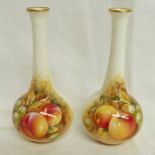 PAIR OF ROYAL WORCESTER BOTTLE VASES DECORATED WITH APPLES & GRAPES AND PEACHES & GRAPES -13.5CM
