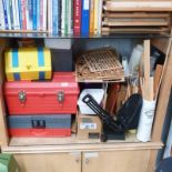 VARIOUS TOOL BOXES AND CONTENTS, DOLLS HOUSE JIGS WOOD LENGTHS, ETC.