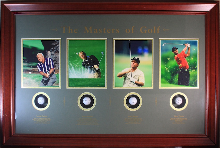 Masters Of Golf Signed Display. A presentation consisting of 4 signed and mounted golf balls,