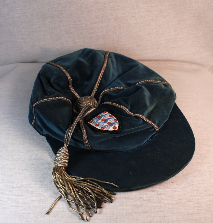 An Original and Offical awarded England Blue Velvet Cap. Complete with tassle and emassed stitched