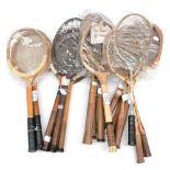 A Collection of Eighteen Tennis and Badminton Rackets, including Douglas of London, Mass & Co of