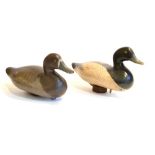 Two Painted Wood Decoy Ducks, male and female, with lead weighted bases and fastening rings,