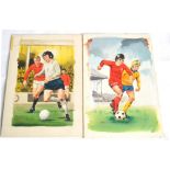 Two Pieces of Original Artwork Depicting English Footballers by Swan, players unknown, teams are