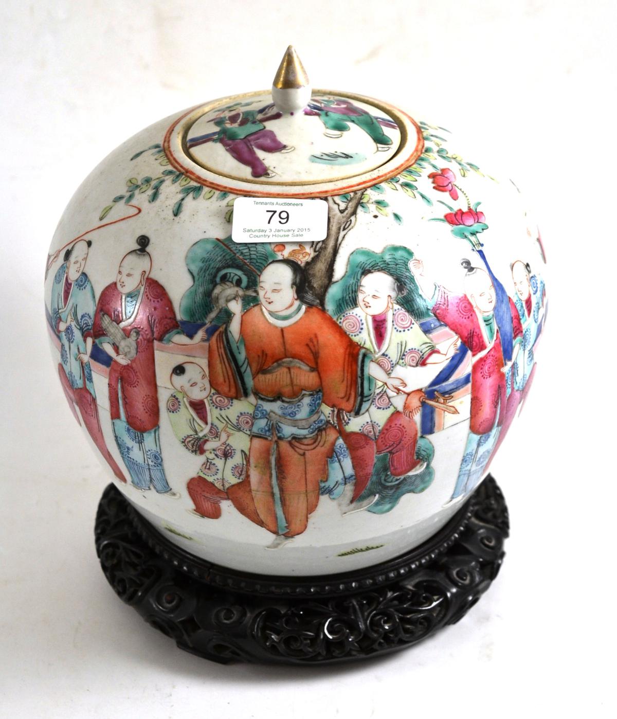 A 19th century Chinese jar and cover, 18cm high