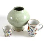 A Chinese celadon baluster vase (a.f.), a Chinese famille rose baluster mug and a coffee can (3)