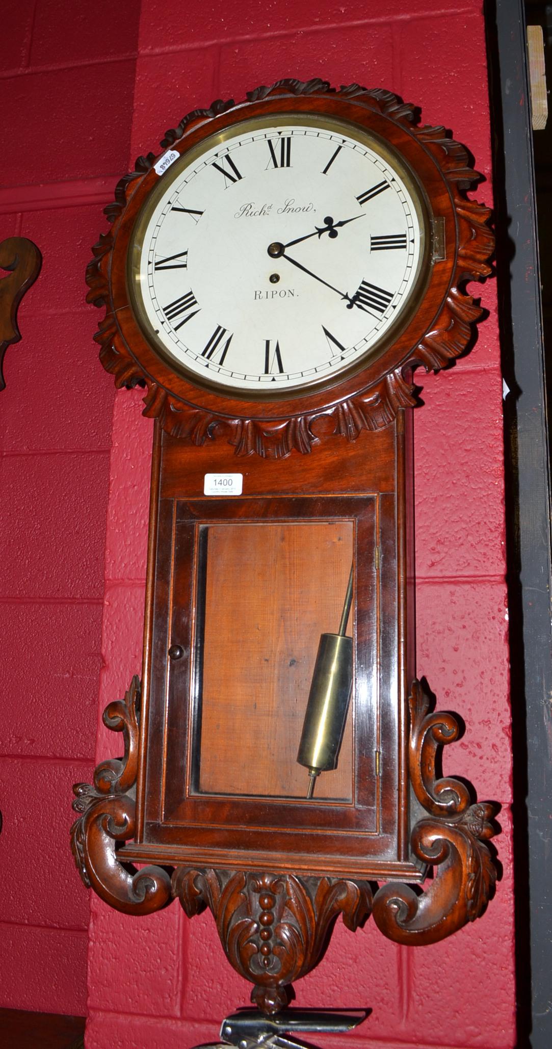 A drop dial wall timepiece, Richd Snow, Ripon, front glazed opening  door, applied carved mounts,
