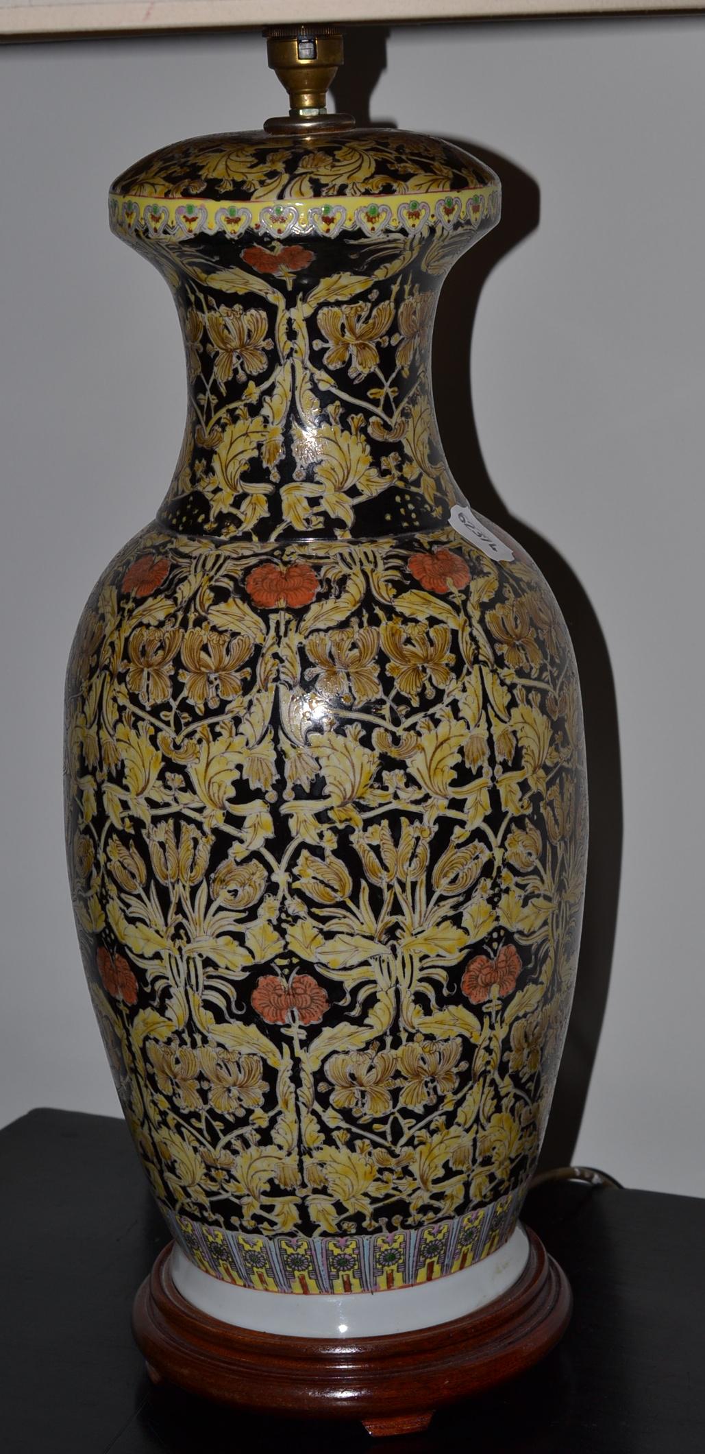 A pair of Chinese polychrome decorated table lamps, 83cm high including shade and a blue and white - Image 3 of 3