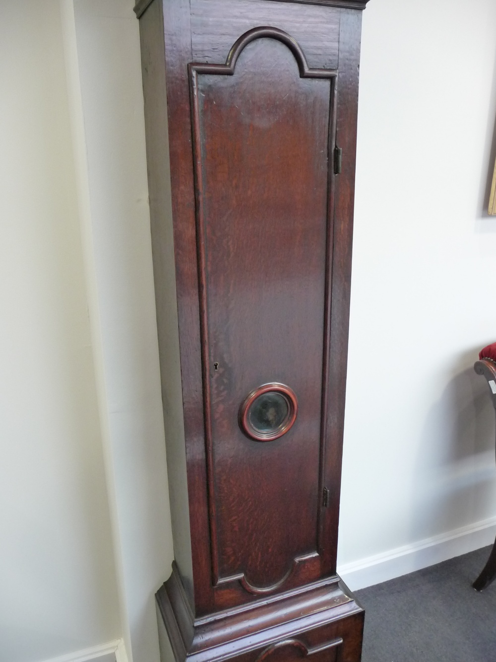 An oak eight day longcase clock, caddied pediment, double D-ended moulded trunk door, glazed - Image 7 of 10