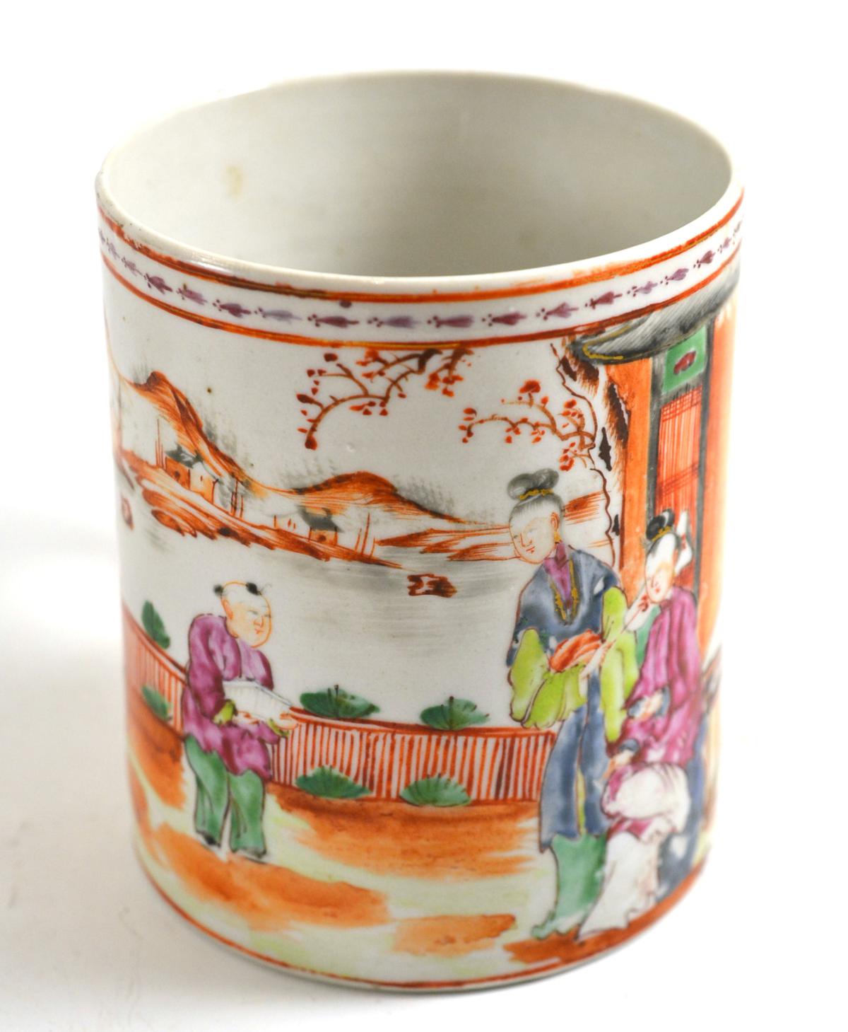 An 18th century Chinese polychrome decorated mug, 13cm high - Image 2 of 2