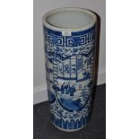 Chinese blue and white cylindrical stick stand painted with figures and landscapes, 60cm high