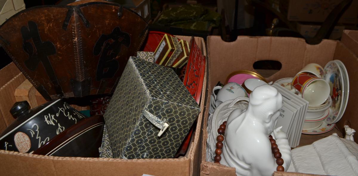 Five boxes including wine glasses, Royal Tuscan coffee set, ornamental items, Oriental lacquered - Image 2 of 2