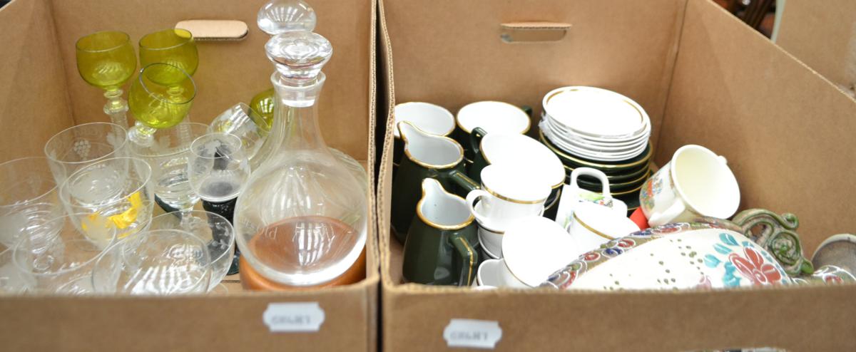 Five boxes including wine glasses, Royal Tuscan coffee set, ornamental items, Oriental lacquered