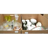 Five boxes including wine glasses, Royal Tuscan coffee set, ornamental items, Oriental lacquered