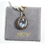 A 9ct white gold aquamarine pendant, an oval cut aquamarine in a rope twist frame, pendant