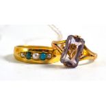 A turquoise and seed pearl ring, in a plain band, finger size N and an amethyst ring, inlaid with
