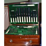 A Walker & Hall silver plated canteen of cutlery in a mahogany case