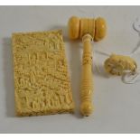 Circa 1900 ivory gavel, carved ivory card case and an ivory elephant
