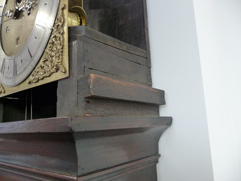 An oak eight day longcase clock, caddied pediment, double D-ended moulded trunk door, glazed - Image 4 of 10