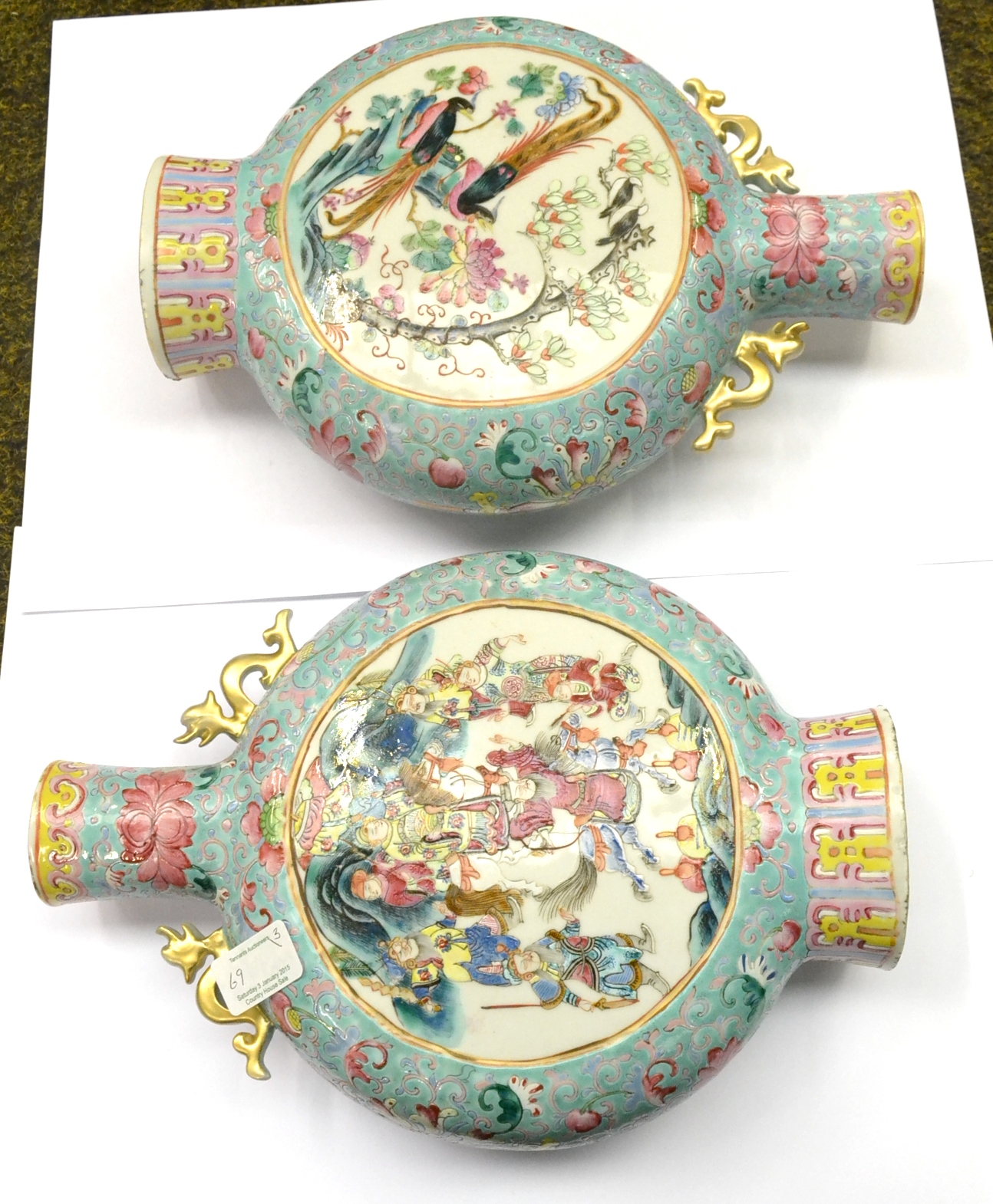 A pair of Chinese famille rose moon flask vases, height 31cm together with a Chinese polychrome - Image 4 of 5